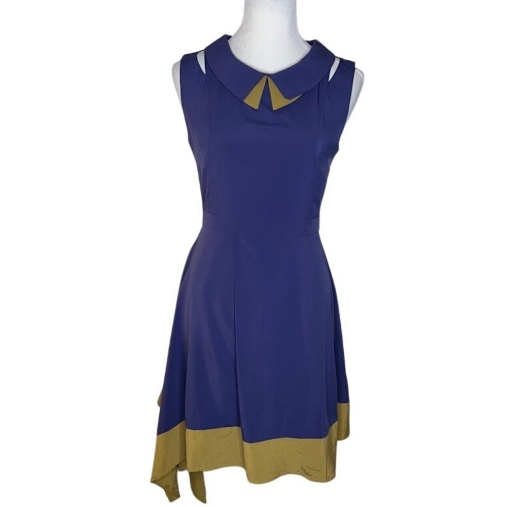Esley Purple Mustard Yellow Color Block Cut Out Asymmetric Dress Small